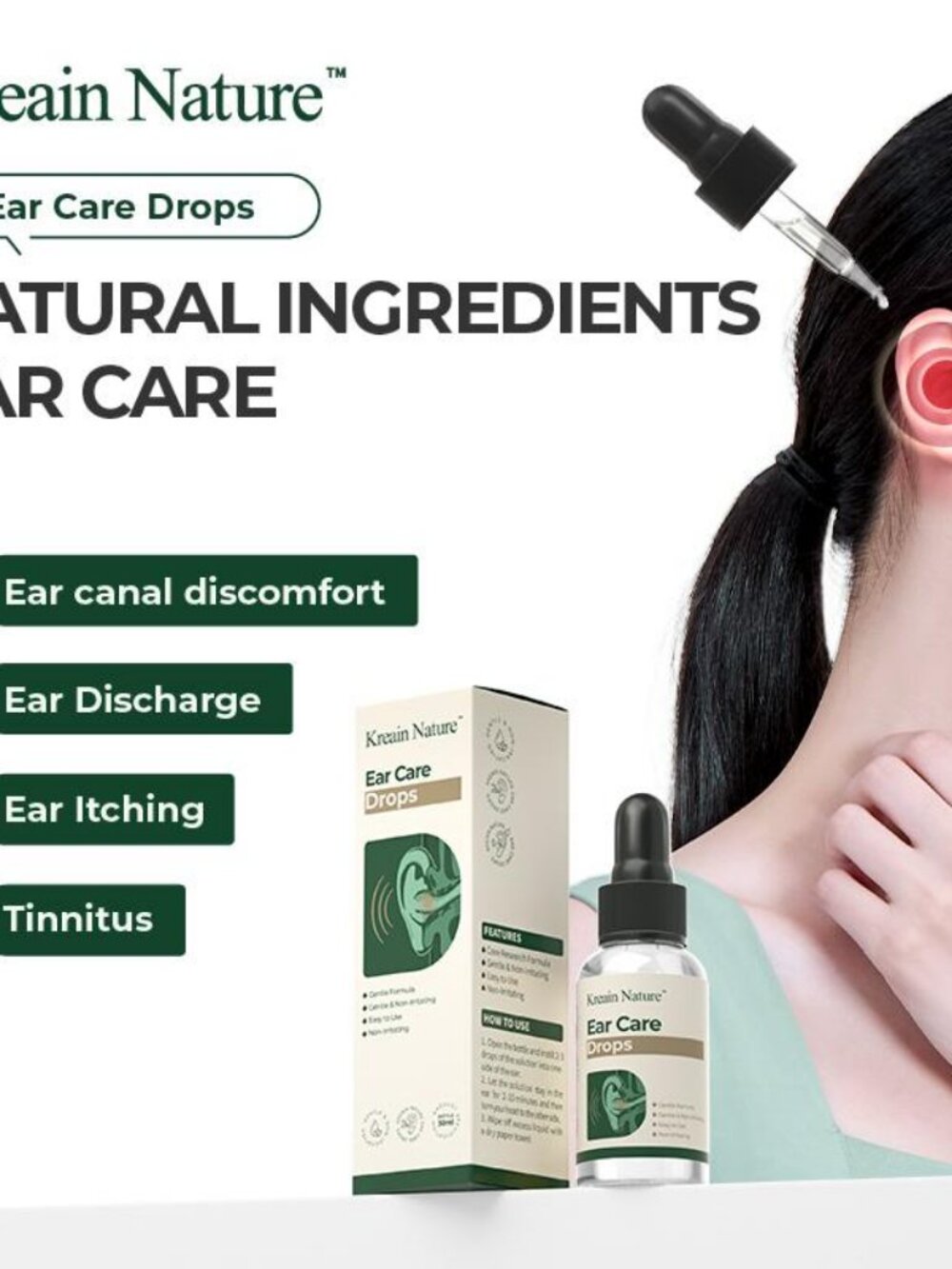 Kreain Nature Natural Ear Care Drops - Tinnitus Relief, Ear Itching & Discomfort